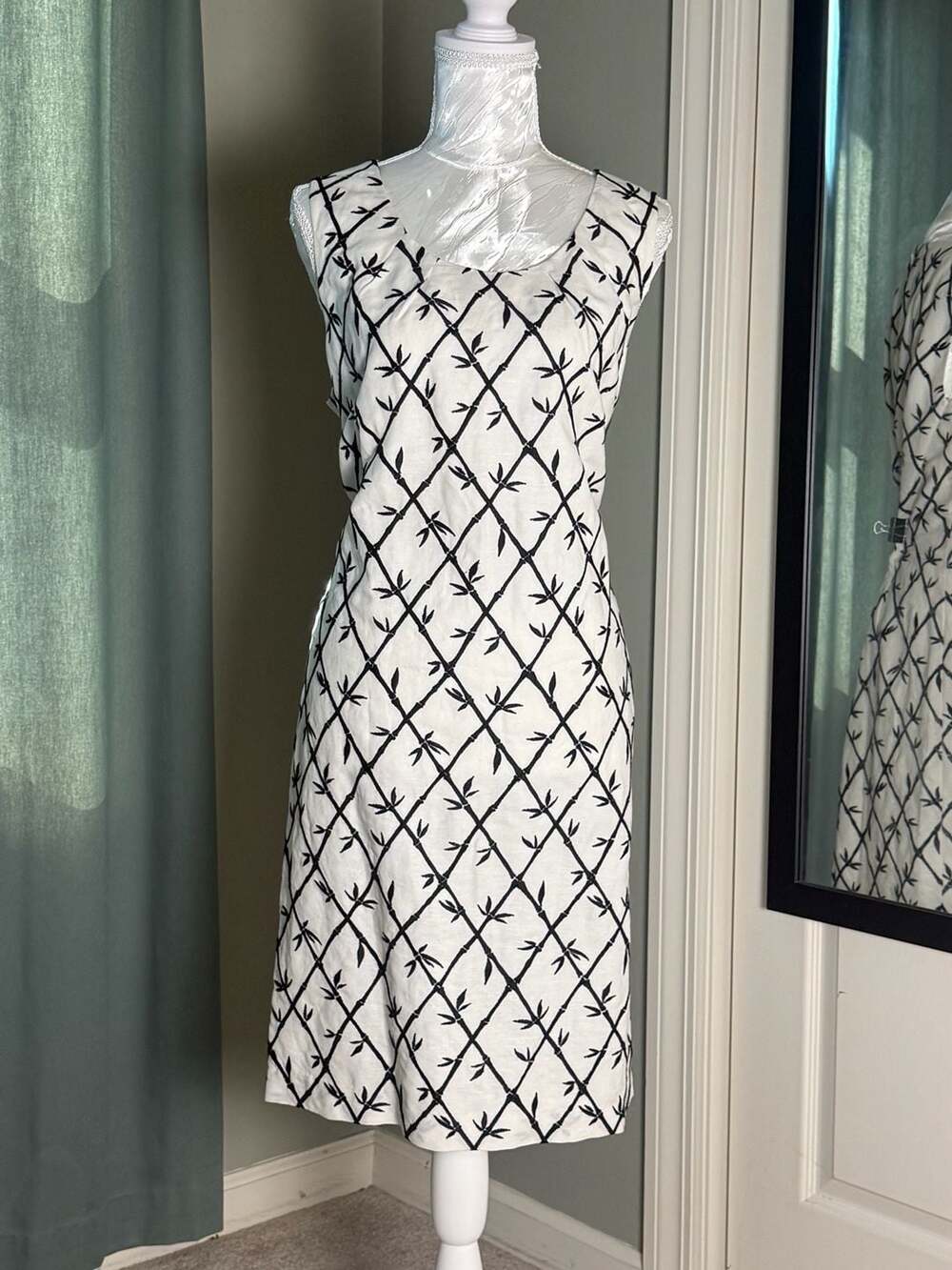Talbots 14P Petite Embroidered Bamboo Lattice Linen Blend Shift Dress Coastal